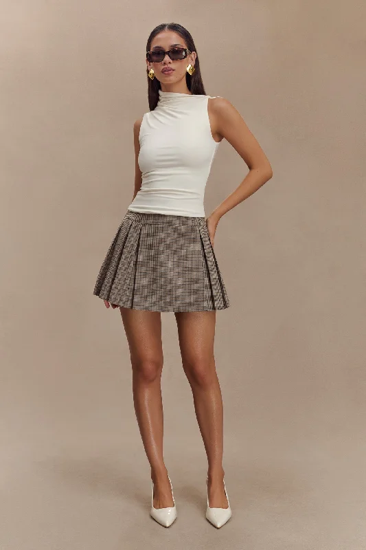 Angie Pleated Buckle Mini Skirt - Tan Check