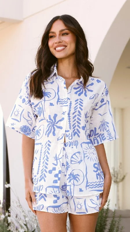 Charli Button Up Shirt and Short Set - White/Blue Santorini Print