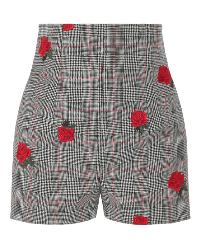 Rose-Embroidered Check-Print Shorts