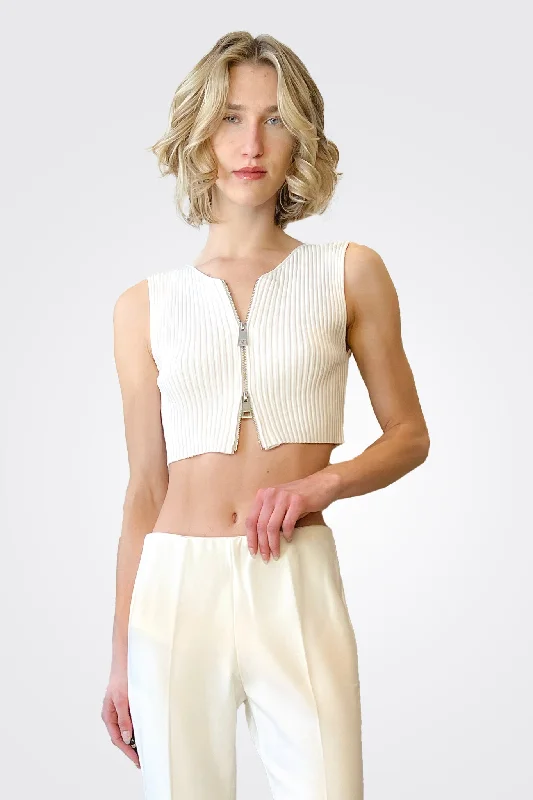 Cropped Ribbed Zip Top - Cream