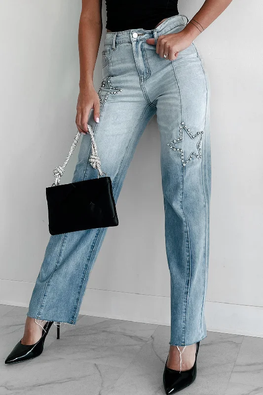 Evianna Mid-Rise Rhinestone Star Straight Leg Jeans (Light Wash)