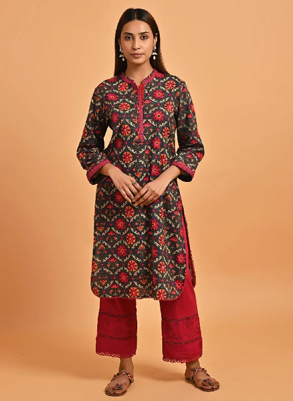 Grey Ethnic Printed Kurta with Lace Detailing