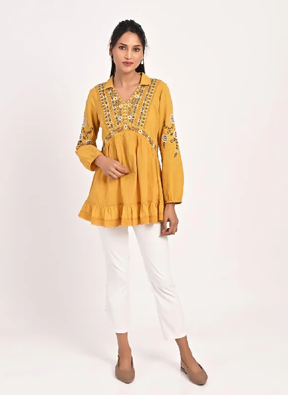 Mustard Thigh-length Boho Tunic  with Collar and Full Sleeves