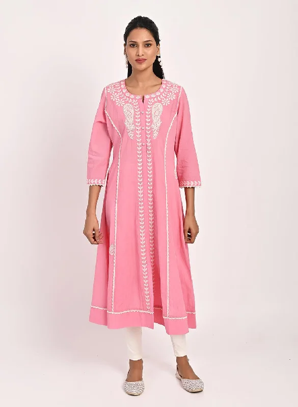 Pink Round-neck Embroidered Straight Kurta for Women