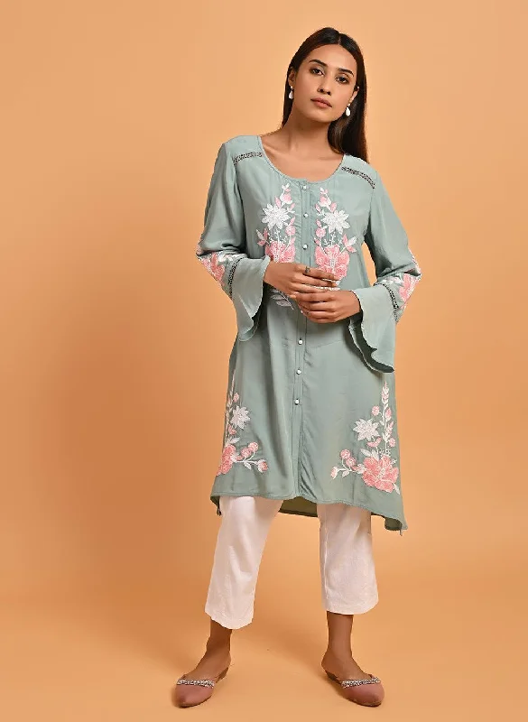 Spa Blue Patchwork Embroidered Tunic with Asymmetrical Hemline