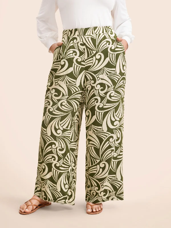 Tropical Print Wide Leg Mid Rise Pants