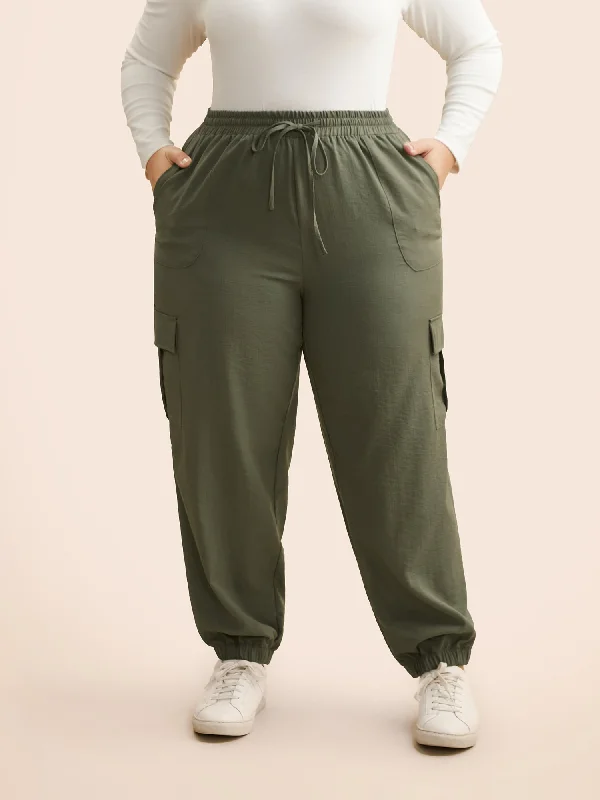 Mid Rise Patched Pocket Drawstring Pants