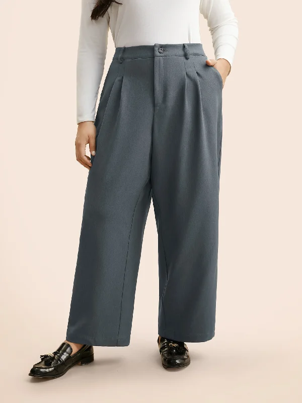 Mid Rise Pleated Straight Leg Pants