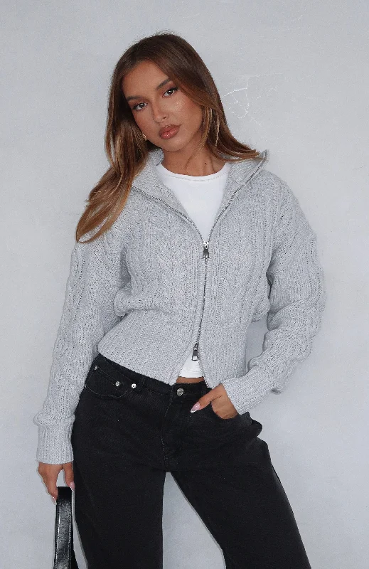 All At Once Zip Front Knit Sweater Grey Marle